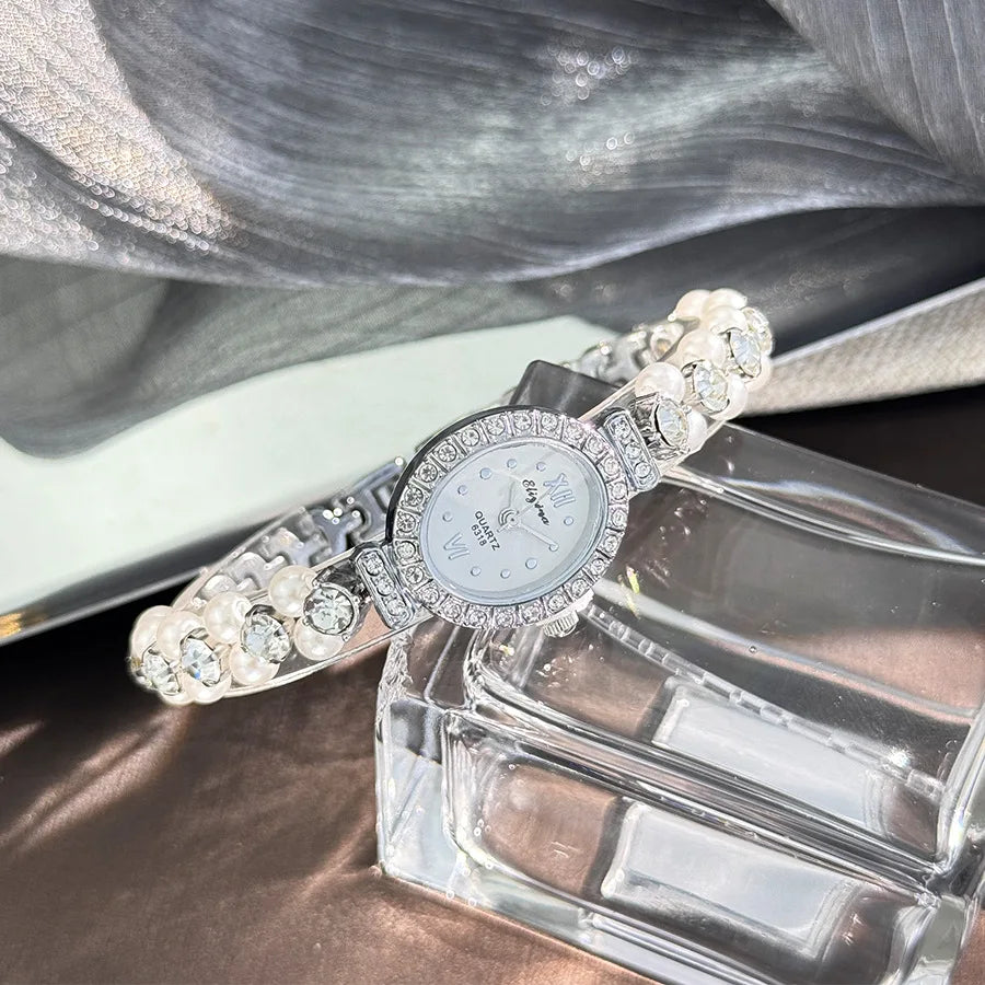 New Hot Pearl Bracelet Watch Luxury Diamond Encrusted Women Quartz Watch Oval Dial Ladies Wristwatches Dropshipping clock