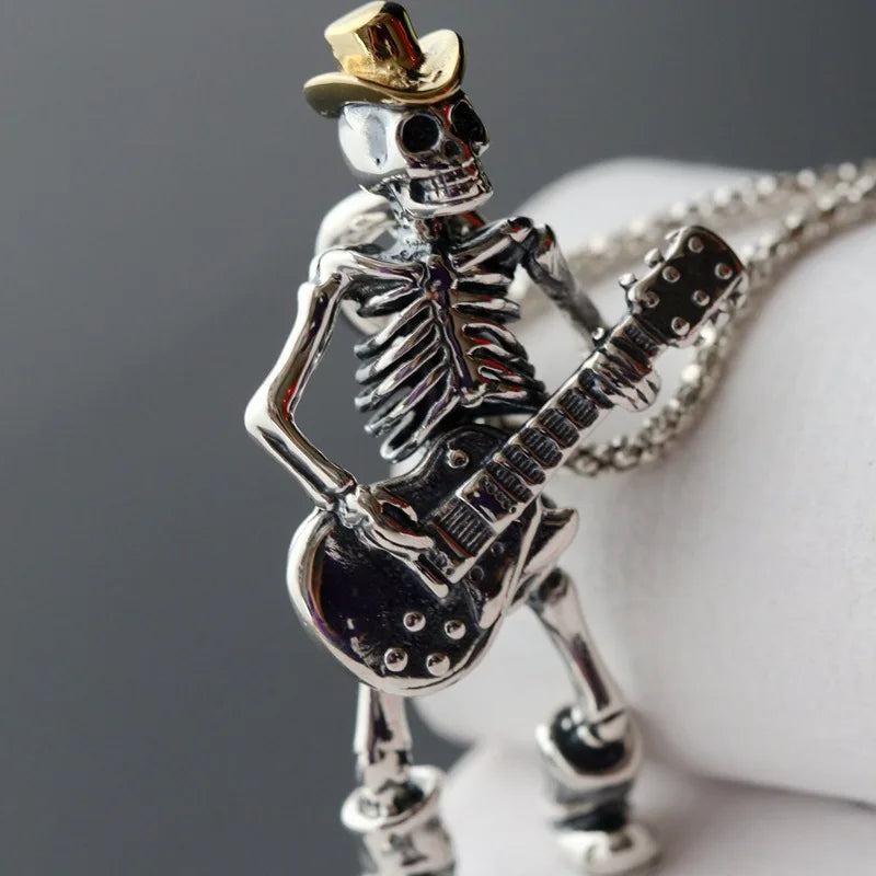Vintage Skull Playing Guitar Pendant Necklace For Men Fashion Hip Hop Rock Party Stainless Steel Chain Hip-hop Jewelry Gifts