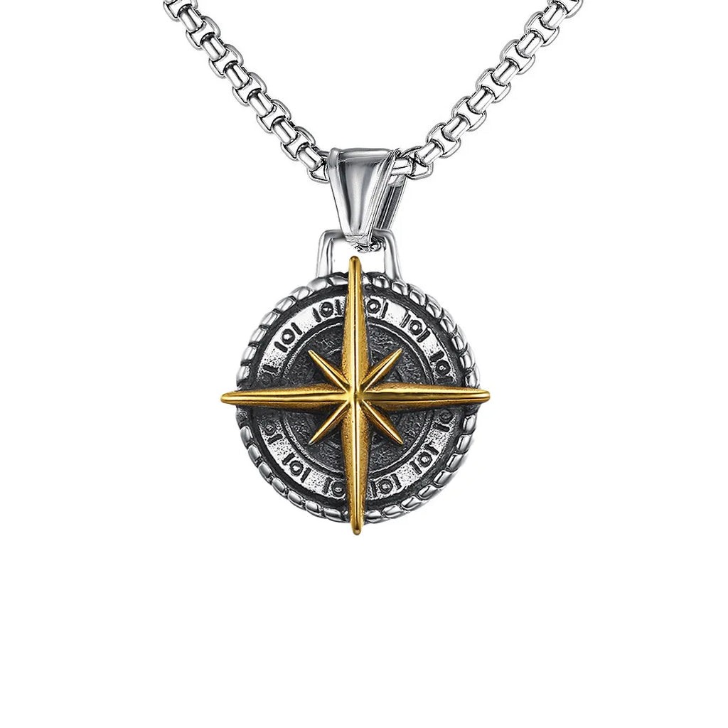 Two Tone Compass Pendant men's Necklace Stainless Steel Retro Hip-hop Style Silver Color Neck Chain Fashion Jewelry Wholesale