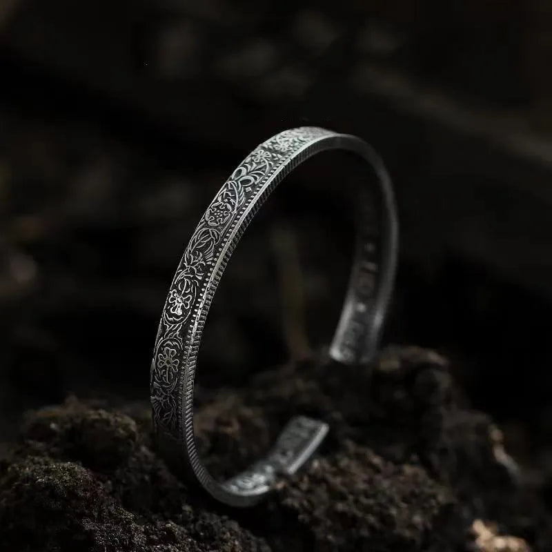 Silver-Plated Lucky Sixpence Pattern Letter Bracelet Men's Cuff Bangles Women's Trendy Charm Jewelry