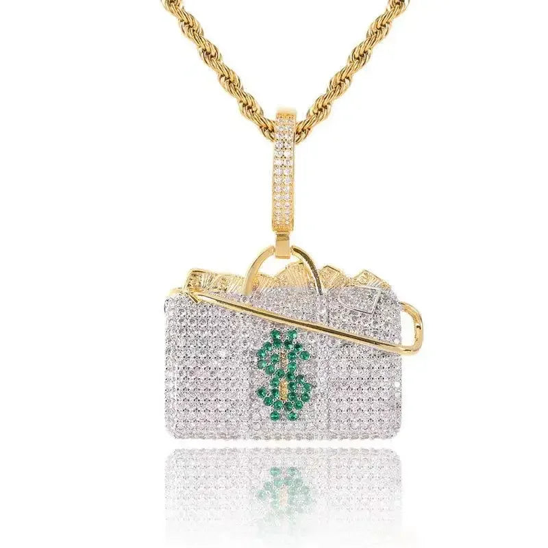 Hip Hop Ice Out Angel Wings Money Bag Pendant Necklace Suitable for Men\\\\\\\'s Fashion Personalized Rock Rap Jewelry Gift