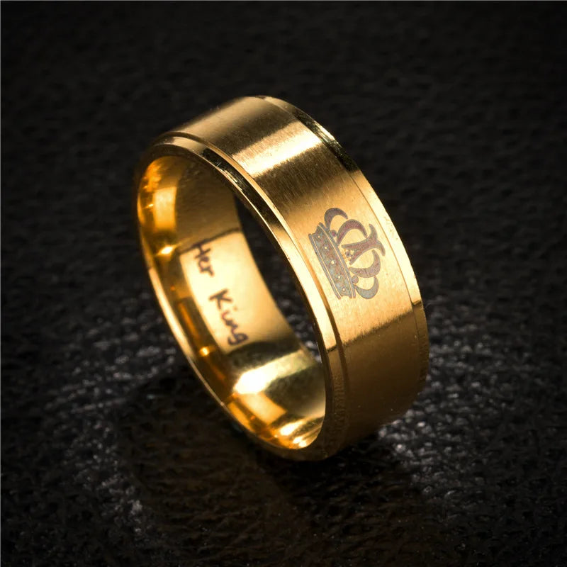 Gold Colour King Queen Crown Stainless Steel Couple Rings for Lovers Promise Men Women Valentine's Day Gifts