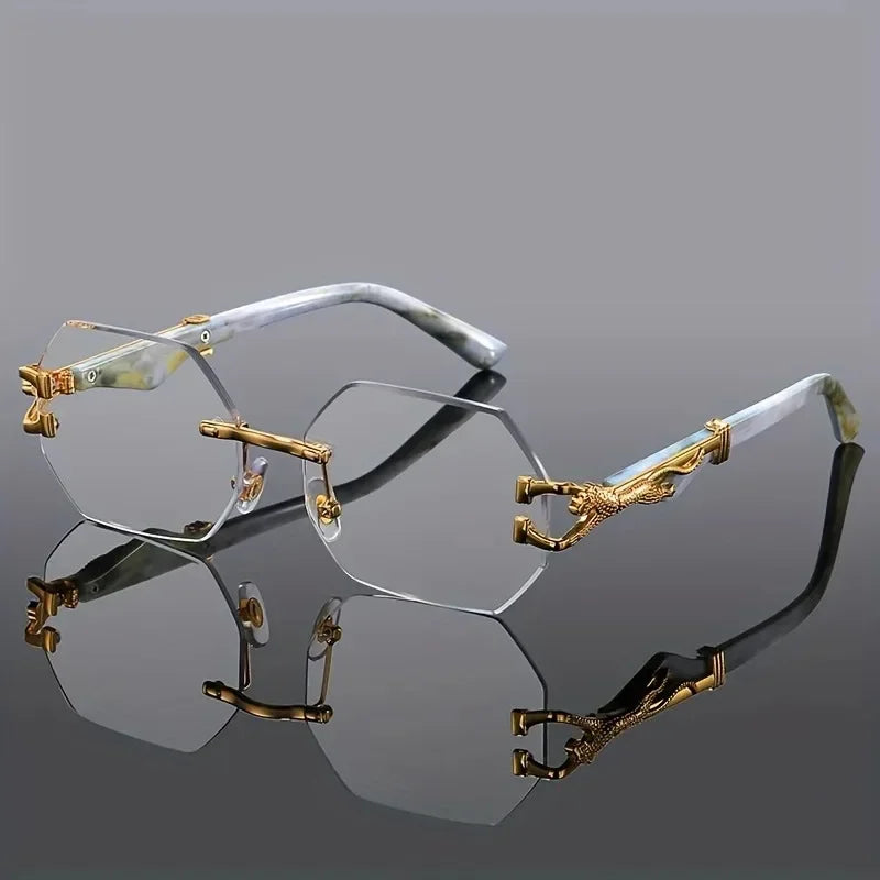Vintage Rimless Polygonal Metal Frame Sunglasses with Leopard DesignTemples Unisex Outdoor Party Vacation Travel Driving Photo
