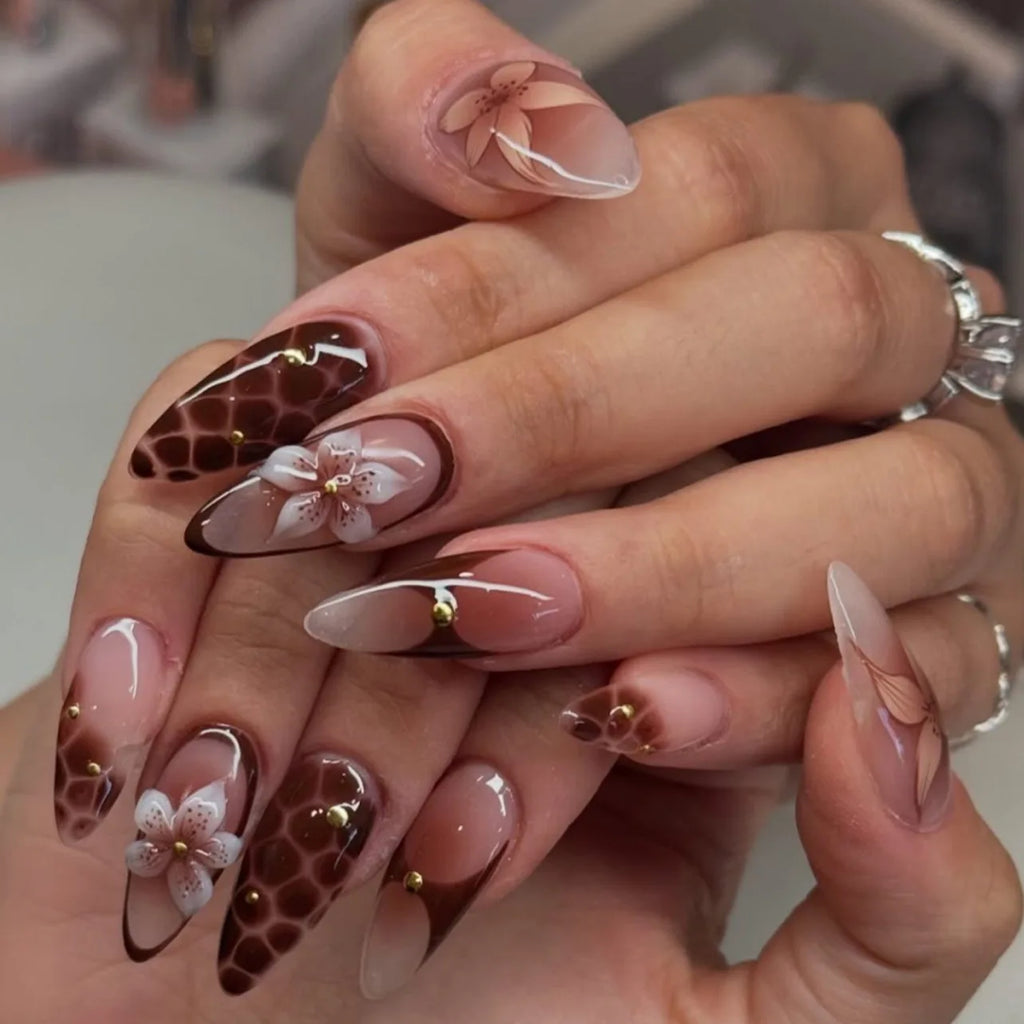 24Pcs 3D Flower Almond Nail Set Press on Nails with 3D Wave Drill False Nails French Tip Full Cover Artificial Nails Art Tips