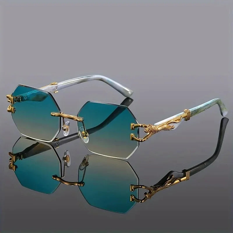 Vintage Rimless Polygonal Metal Frame Sunglasses with Leopard DesignTemples Unisex Outdoor Party Vacation Travel Driving Photo