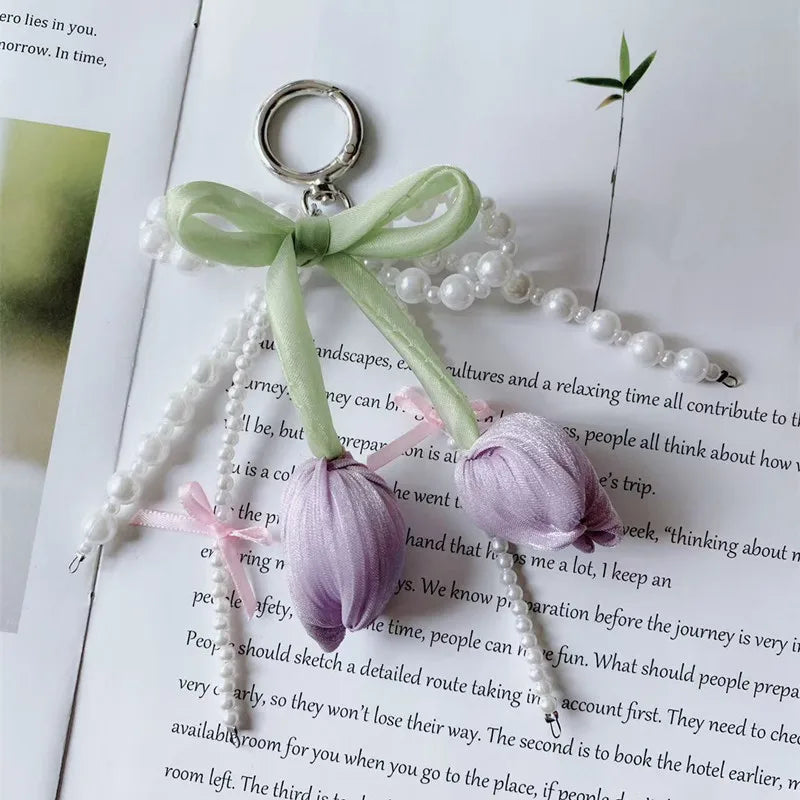 Blue Pink Lattice Ribbon Keychains Bowknot Pearls Heart Bag Pendant Elegant Beaded Keyring Y2k Sweet Korea Jewelry Accessories