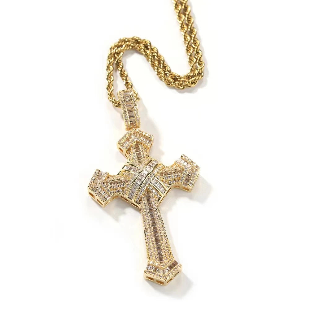 Shiny Ice Crystal Zircon Christian Cross Pendant Men and Women Hip Hop Trend Jewelry Catholic Amulet Necklace