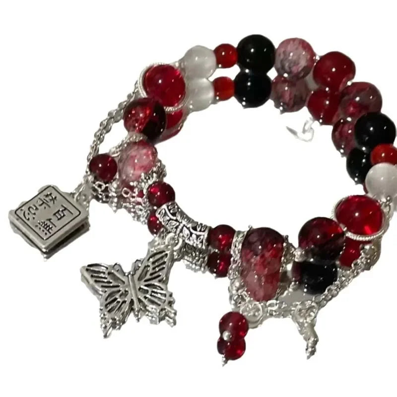 Fashion Vintage Red Beaded Chain Bracelet for Women Butterfly Pendant Charm Bracelets Anime Tian Guan Ci Fu Jewelry Accessories