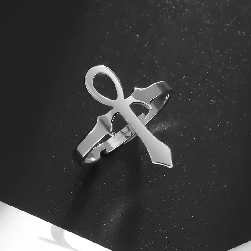 Stainless Steel Ankh Cross Ring Vintage Egyptian Life Key Protection Symbol Amulet Jewelry Men Women