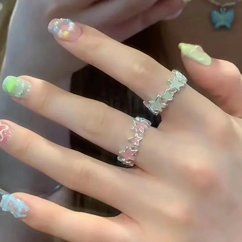 Y2k Irregular Pink Stars Rings Sweet Girls Cute Opening Adjustable Ring Korean Enamel Blue Star Paired Rings Aesthetics Jewelry