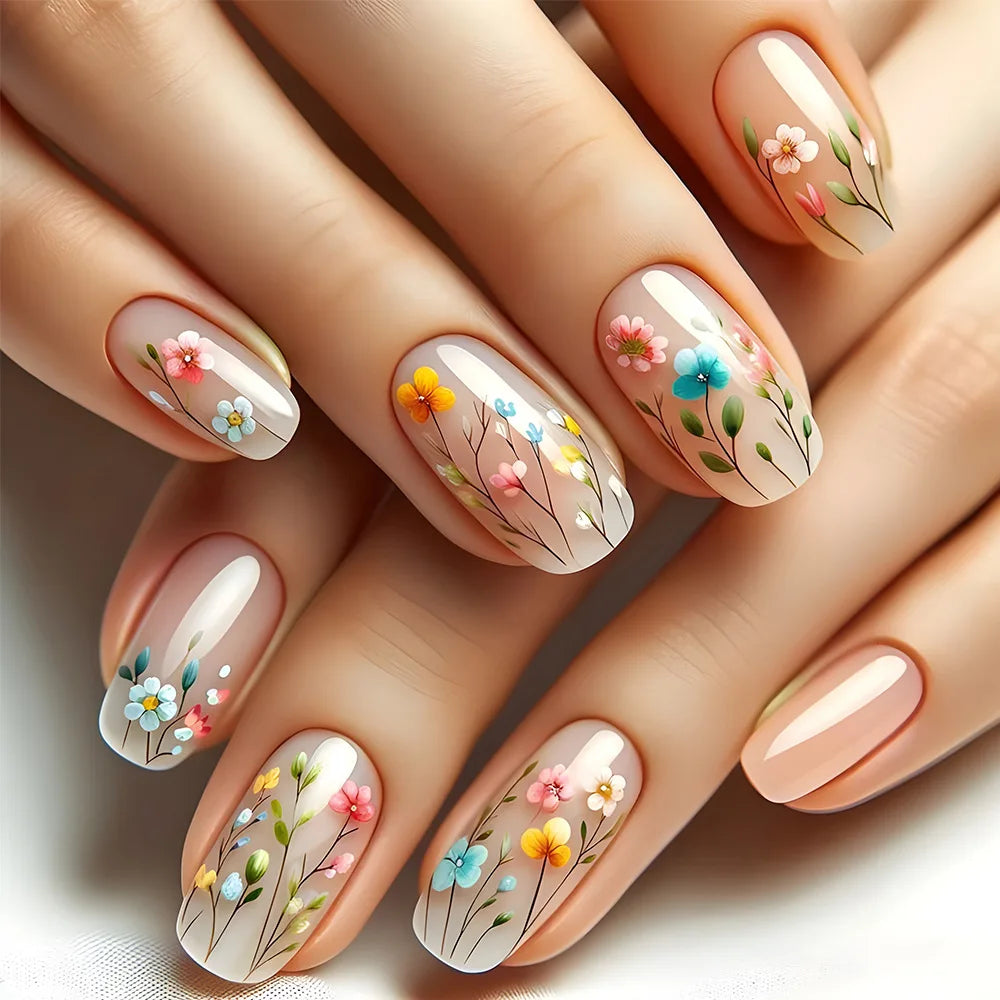 24pcs Mini Flower Press on Nails with Glue Painting Floral Acrylic Fake Nails Spring Design Short Square False Nails for Girls