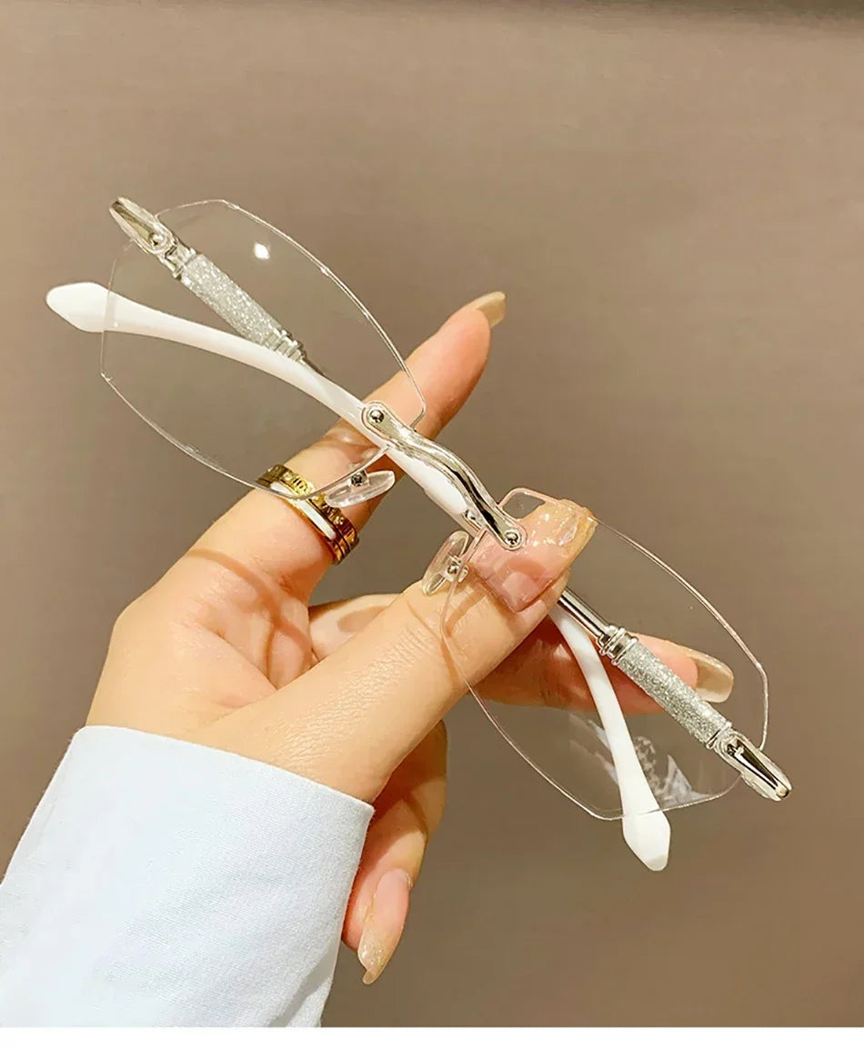 New Rimless Diamond Cutting Presbyopic Glasses Ladies Anti Blue Light Ultra Light Reading Glasses +1.0+1.5+2.0+2.5+3.0+3.5+4.0