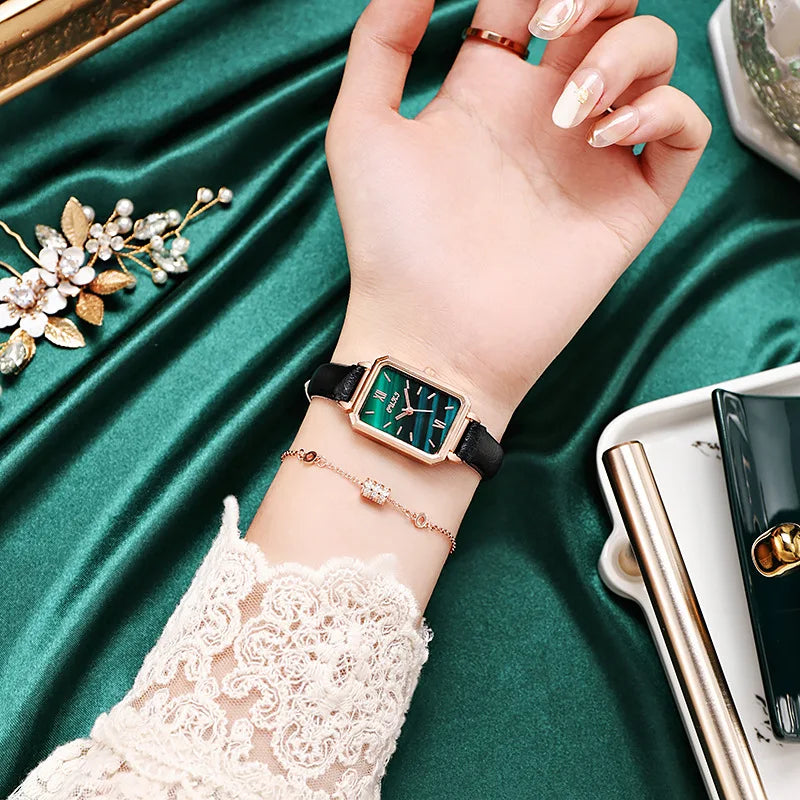 Small Square Watch with Rhinestones for Women Simple Casual Fashion Small Green Quartz Watch Ladies Wrist Watches Reloj Mujer