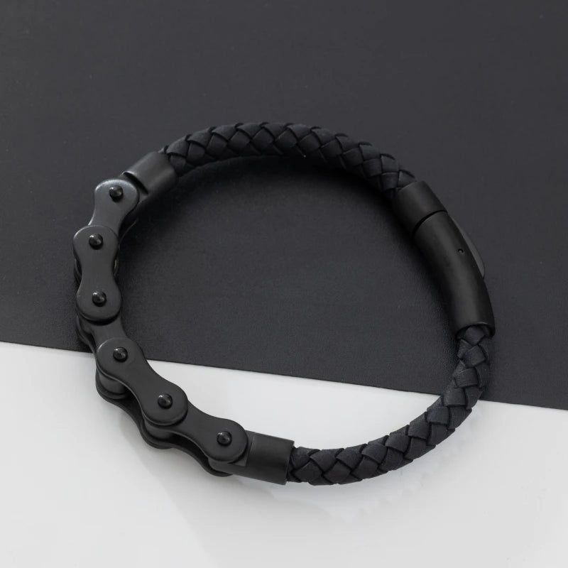 Retro Punk Bicycle Chain Hand Woven Leather Bracelet with Metal Buckle Men\\\\\\\\'s Cycling Motorcycle Rock Party Jewelry