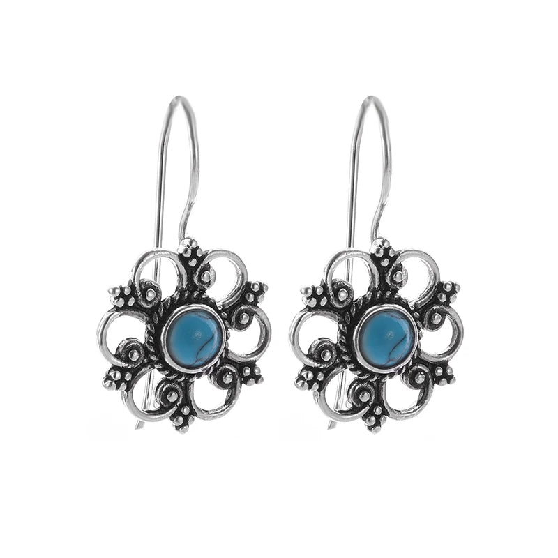 Beautifully Inlaid Blue Turquoise Flower Hypoallergenic Earrings for Women Stylish Elegant Banquet Jewelry
