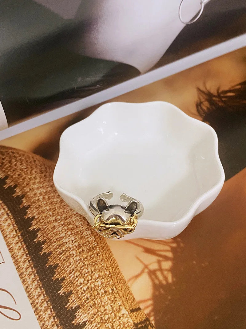 Cute Dog with Sunglasses Ring Punk French Bulldog Wearing Chain Glasses Open Finger Ring Jewelry Cool Decoration for Men Women