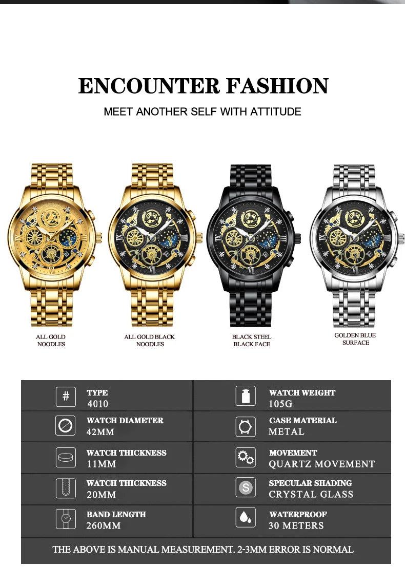 BINBOND Luxury Fashion Casual Quartz Men Watch Stainless Steel Strap Luxury Dial Luminous 30M Waterproof Business Men Wristwatch