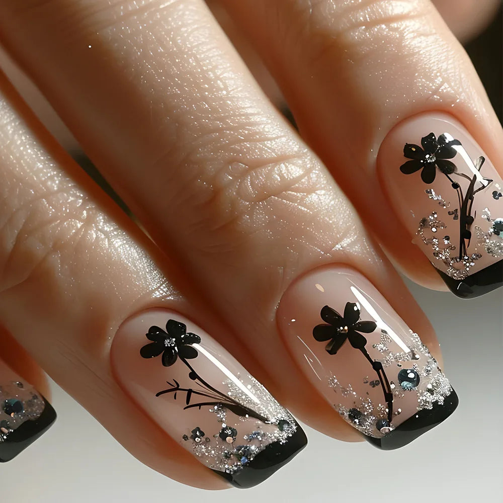 24pcs French Fake Nails Glitter Flower False Nails Short Square Press on Nails White Striped Nail Art for Colorful Spring Summer