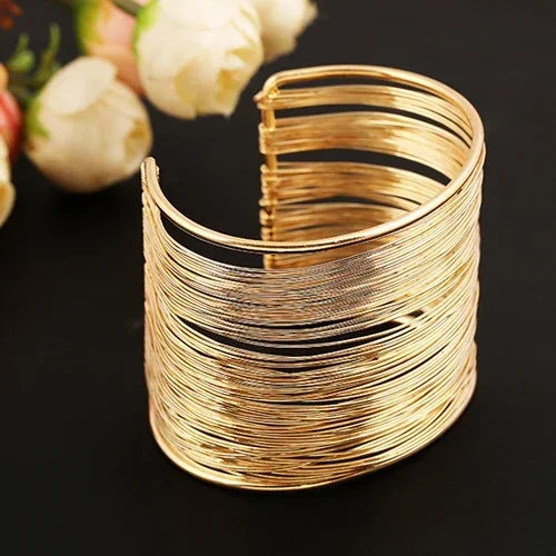 Fashion Women's Multilayer Metal Wires Strings Open Bangle Wide Cuff Bracelet Statement Jewelry Indian Luxury