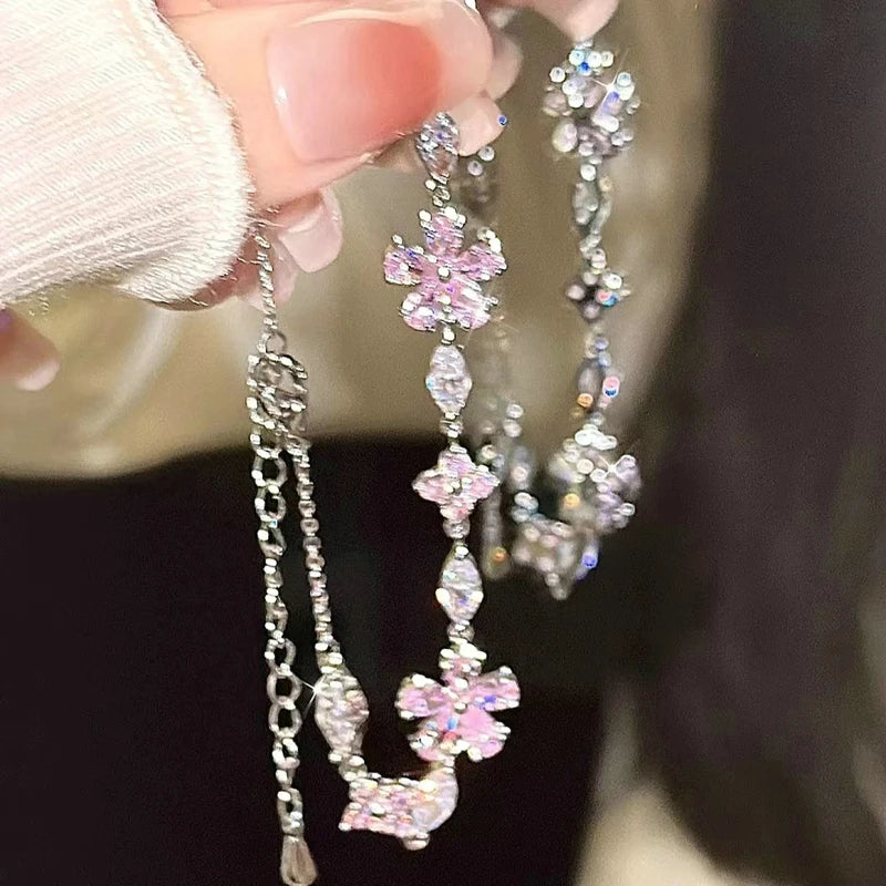 Elegant Fairy Pink Crystal Zircon Sakura Flowers Bracelet for Women Y2K Sweet Girls Cherry Blossom Moon Bow Knot Jewelry Gifts