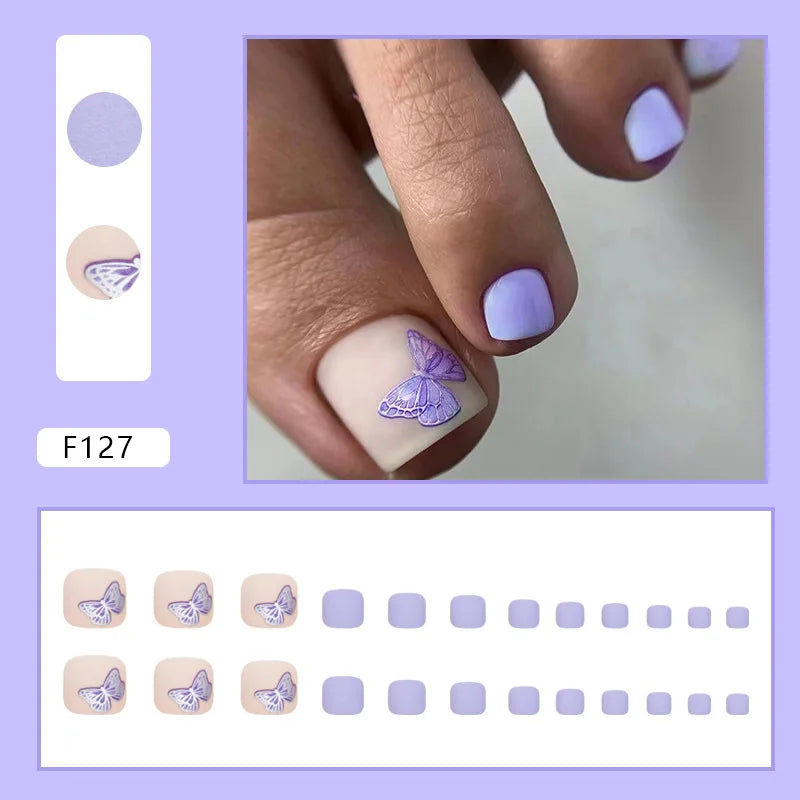 White French Press on Nails Fake Nails Tips with Sticker False Toenail Design Butterfly Lovely Girl False toenaile 1