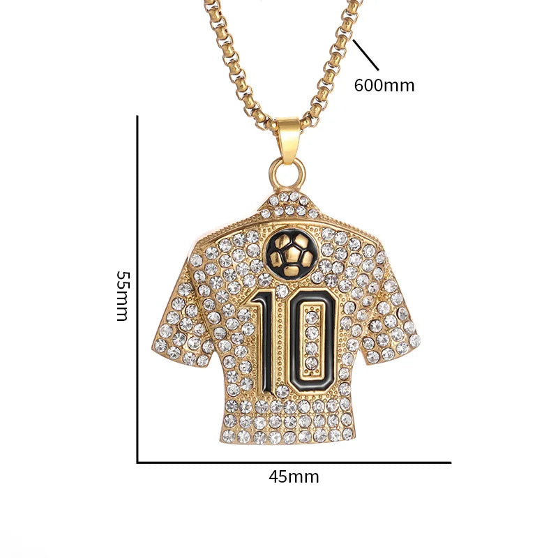 Full Zircon Pendant Necklace Hip Hop Cool Mumber 10 Super Soccer Star Fan Stainless Steel Clavicle Charming Jewelry Men Necklace