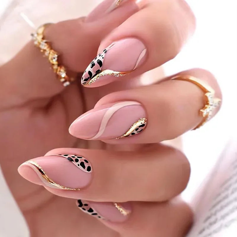 24pcs winter fall leaves brown black false nails with almond French artificial nails with glue short stiletto fake press on nail