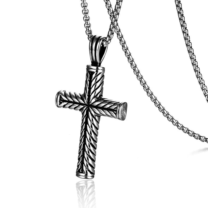 Twisted Pattern Cross Pendant Necklace Retro Simple Stainless Steel Chain Silver Color Hip Hop Jewelry Gifts For Women Men