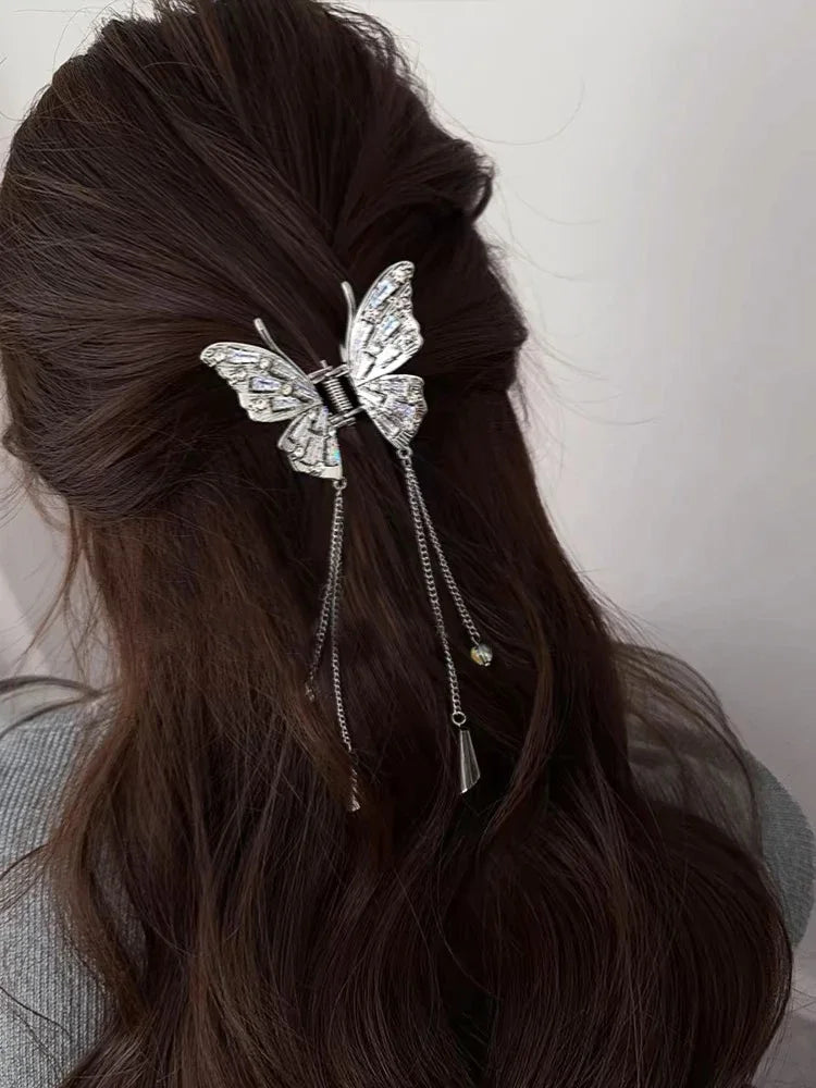 Crystal Butterfly Hair Claw Crab Clip for Women Girls Alloy Tassel Hair Clips Shark Clip Hair Accessories