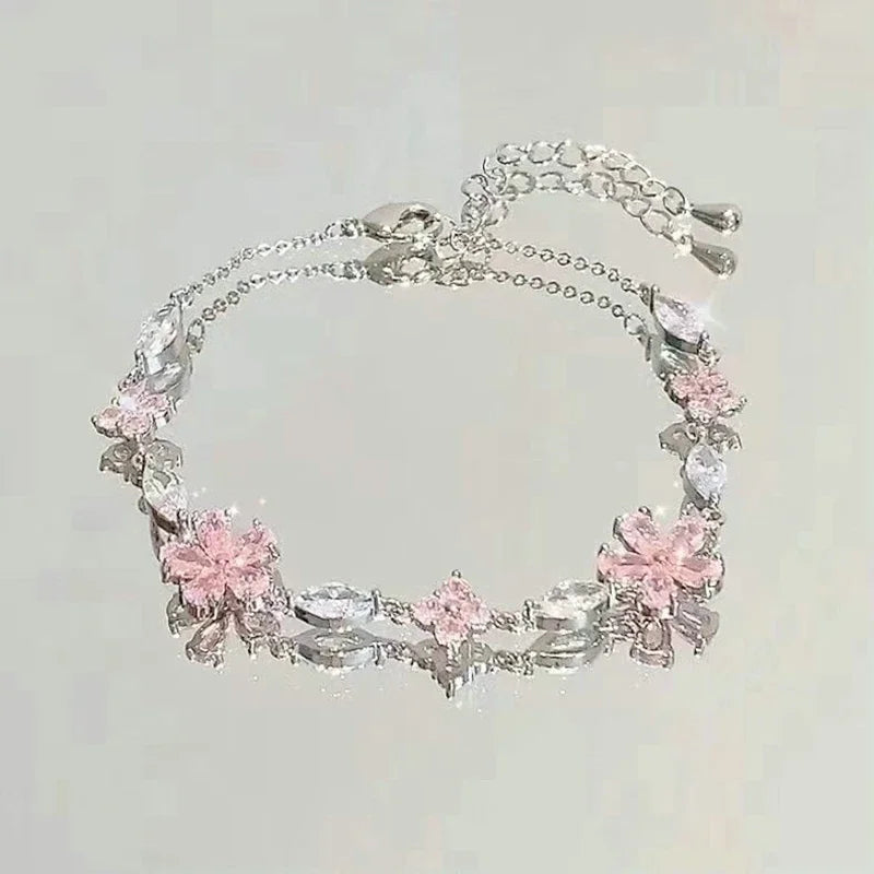 Elegant Fairy Pink Crystal Zircon Sakura Flowers Bracelet for Women Y2K Sweet Girls Cherry Blossom Moon Bow Knot Jewelry Gifts