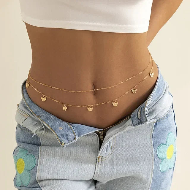 Sexy Double Layer Colorful Stone Chain for Women Crystal Butterfly Waist Bead Belly Chain Belly Belt Summer Beach Body Jewelry