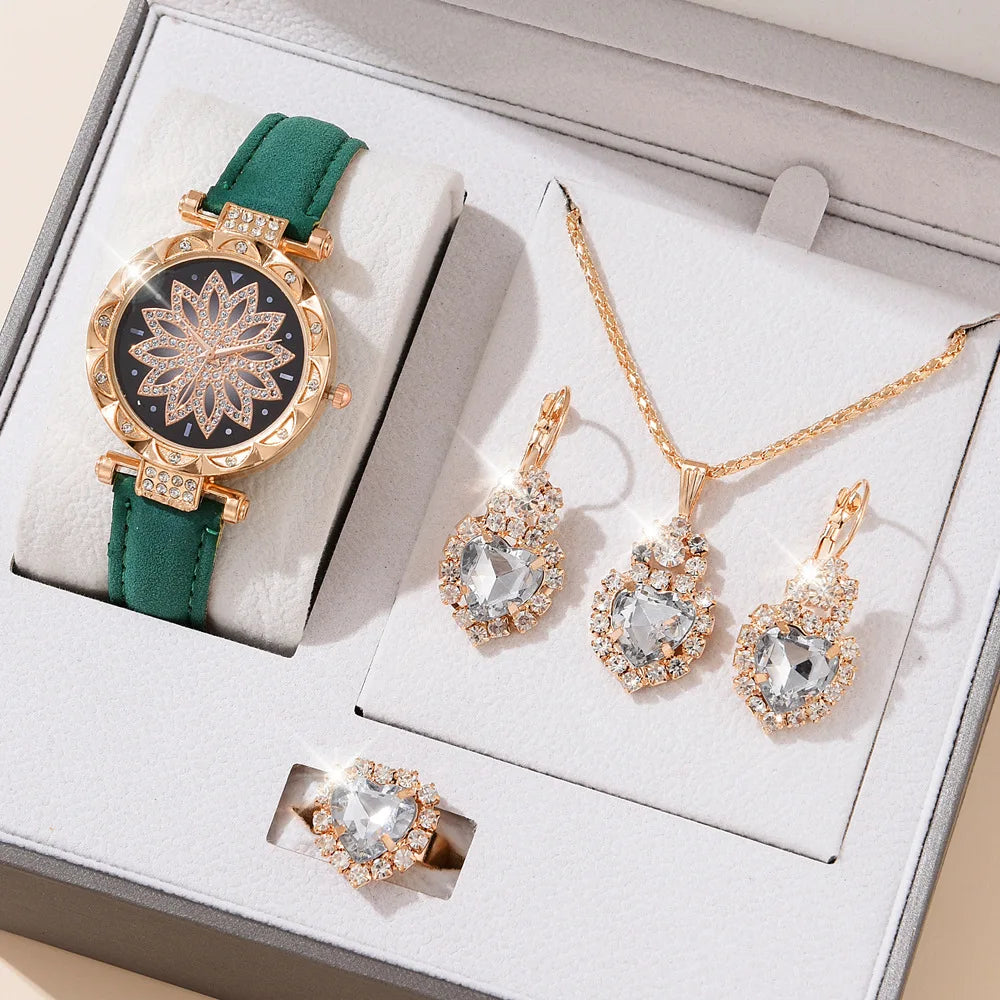 Ladies Watch 5pcs Set Watches for Women Leather Band Simple Casual Women's Analog WristWatch Bracelet Gift Montre Femme (No Box)