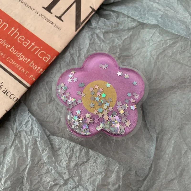 Cartoon Glitter Flowers Liquid Quicksand Phone Grip Stand Holder For iPhone Samsung Huawei Xiaomi Universal Finger Ring Bracket