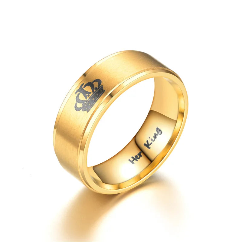 Gold Colour King Queen Crown Stainless Steel Couple Rings for Lovers Promise Men Women Valentine's Day Gifts