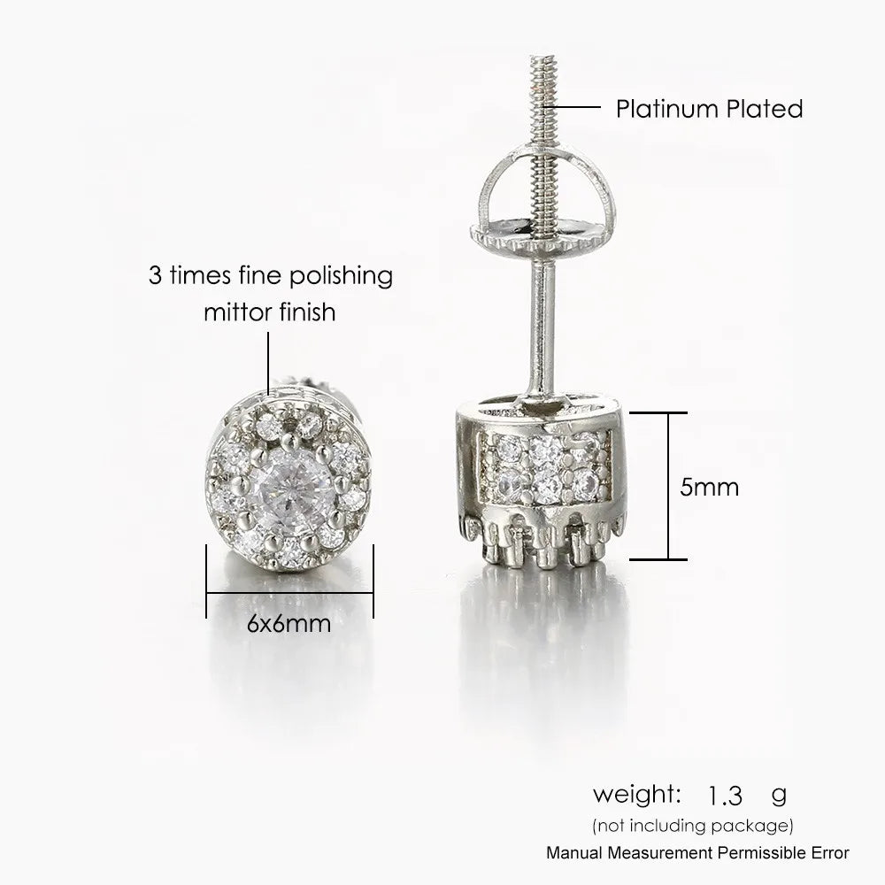 Hippie Iced Out Studs Earrings For Men Punk Silver Color Round Cubic Zirconia Earings Shiny Gold Color Jewelry Gift Male OHE174