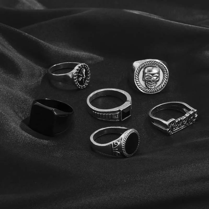 6Pcs/Set Vintage Silver Color Skeleton Skull Rings Set For Men Women Punk Gothic Metal Geometric Knuckle Ring Jewelry Anillos