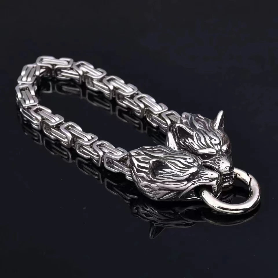 Nordic  Celtic Double Wolf Head Men's Stainless Steel Chain Bracelet Byzantine King Chain Punk Rock Party Jewelry