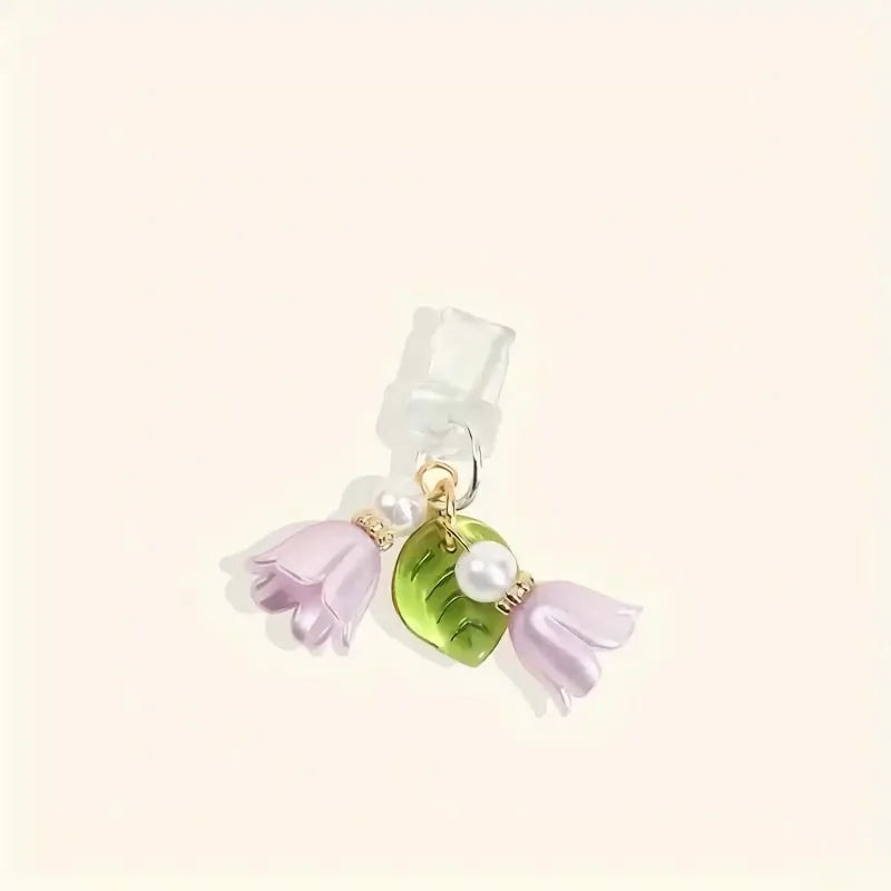 1PC For Phone/Type-C Interface Cute Pink Lily Of The Valley Phone Charm Flower Green Leaf Dust Plug DIY Accessories
