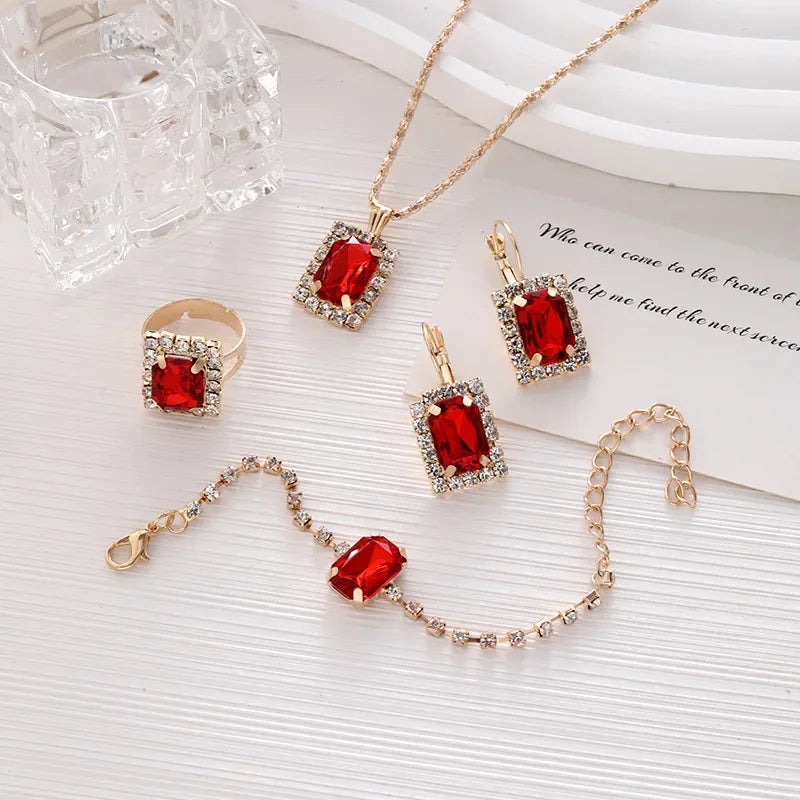 5PCS Zircon Jewelry Set Geometric Square Zircon Necklace Bracelet Ring for Women's Clavicular Chain Fashion  Jewelry Set
