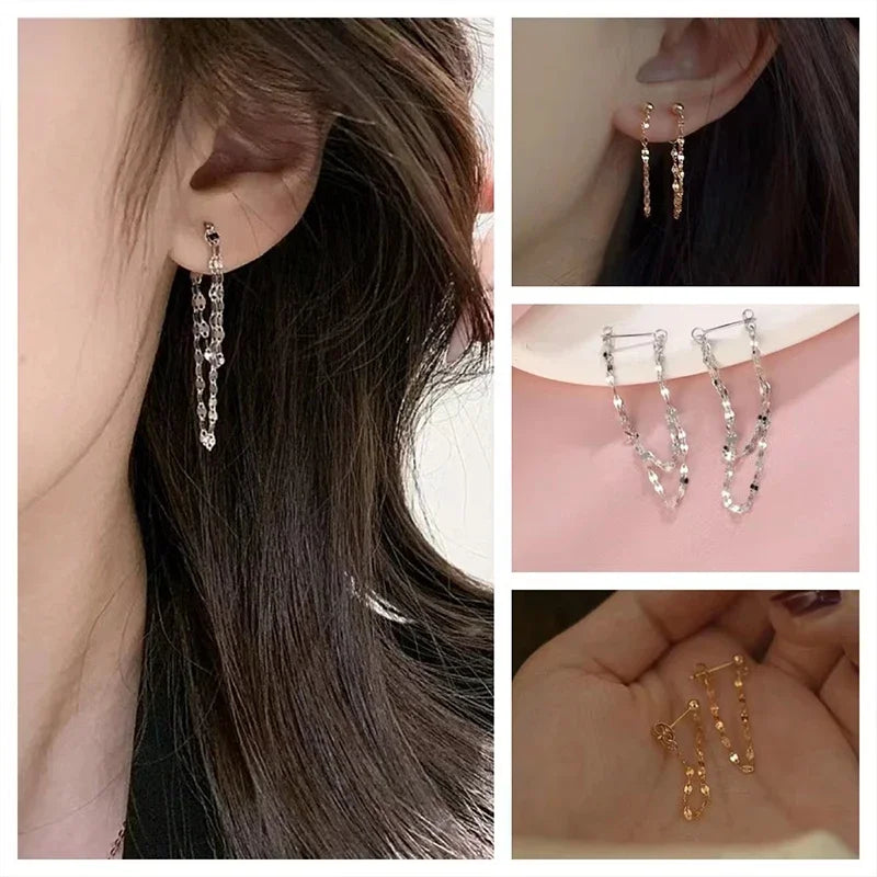 925 Sterling Silver Double Layered Tassel Earrings Long Sparkling Chain Earrings Summer Exquisite and Fashionable Party Jewelry