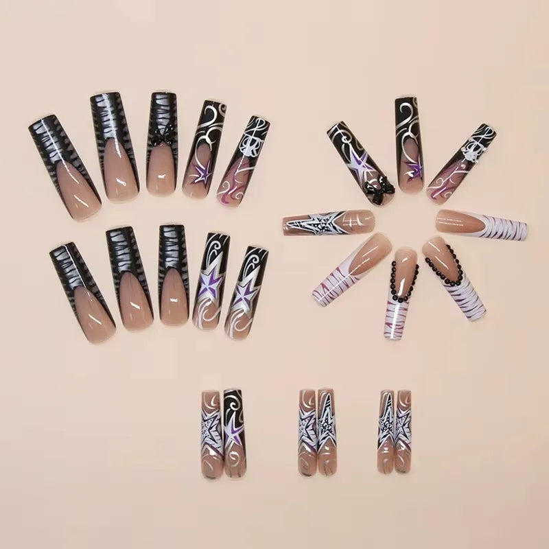 24Pcs Sweet Cool Spice Girl Press on Nails Black French Bow False Nails Y2k Star Glitter Diamond Nail Long Square Gel Fake Nails