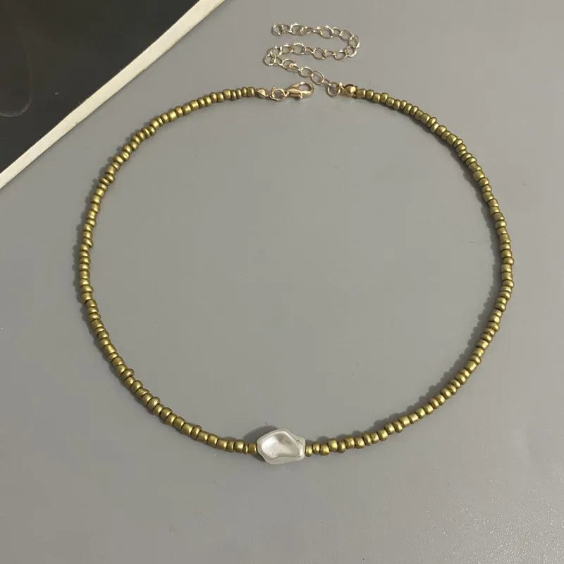 Fashion Boho Beads Necklace Women Imitation Pearl Seed Beaded Strand Short Choker Necklace Handmade Female Jewelry Wholesale
