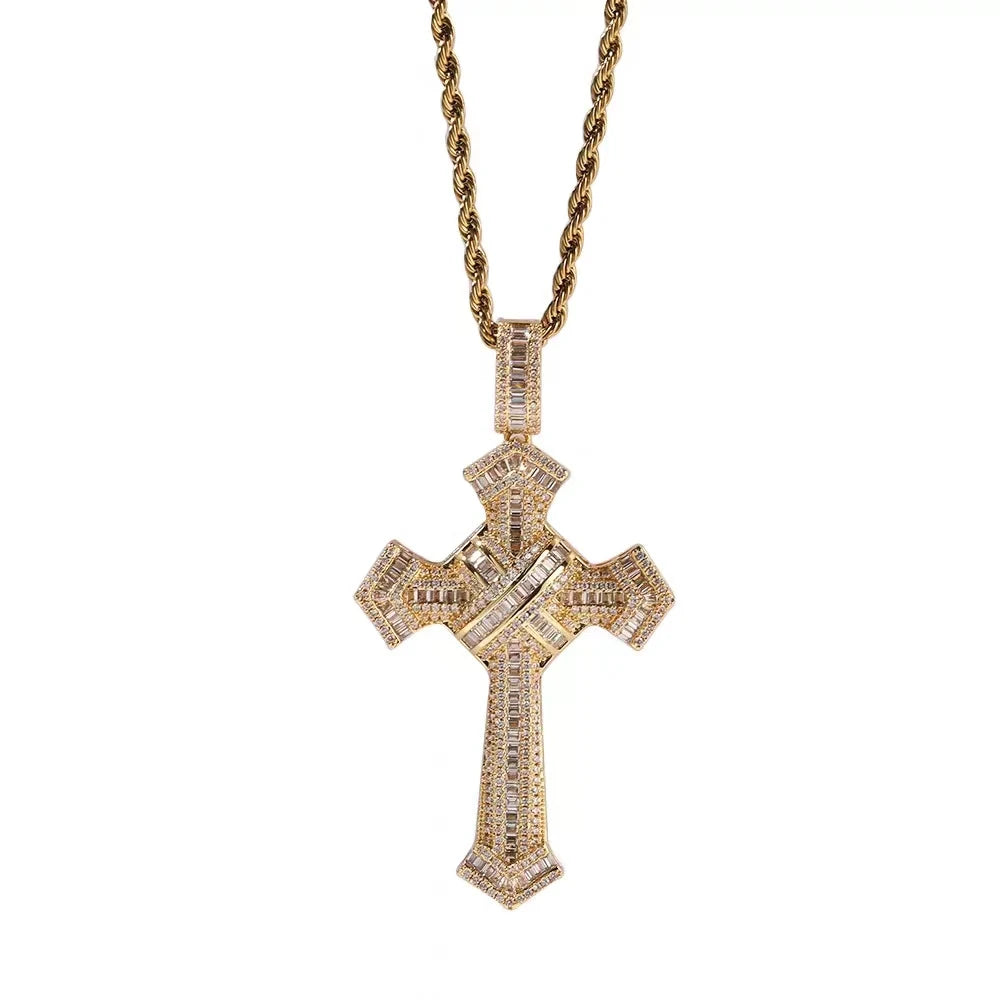 Shiny Ice Crystal Zircon Christian Cross Pendant Men and Women Hip Hop Trend Jewelry Catholic Amulet Necklace