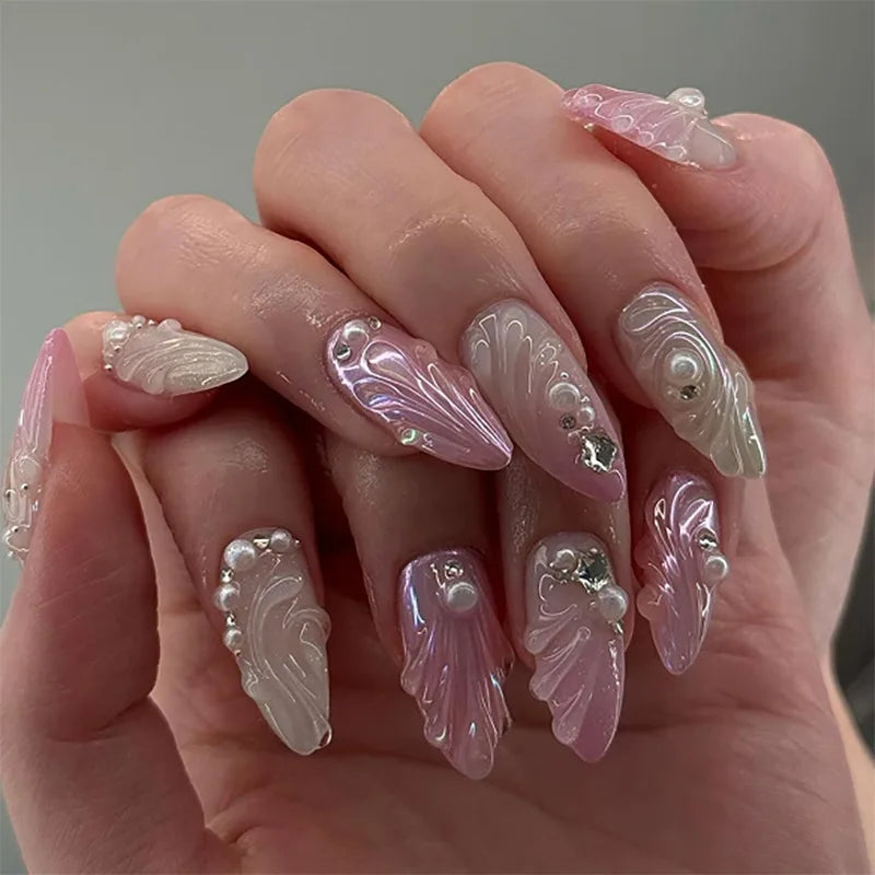 24Pcs Sweet Almond Nails Set Press On Nails Cute Mini Flower False Nail Floral Bow Diamond Full Cover Artificial Nails Art Tips