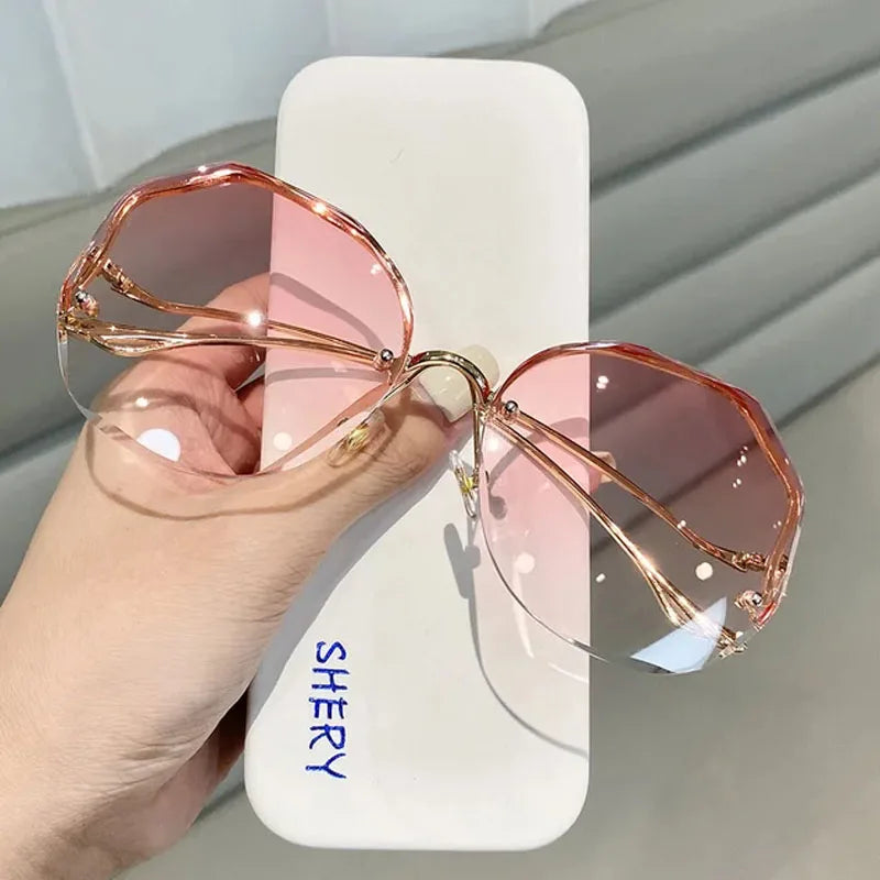 Luxury Round Gradient Sunglasses Women Metal Curved Temples Eyewear Ocean Rimless Fashion Sun Glasses Ladies UV400