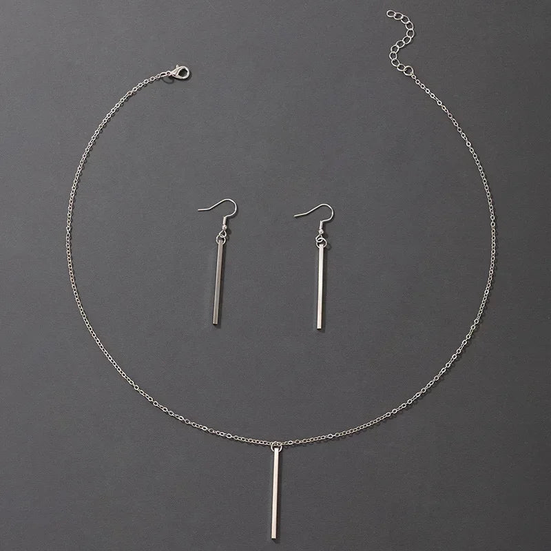 Elegant Gold Stick Jewelry Sets for Women Pendant Necklace Drop Earring Simlpe Adjustable Geometry Wedding Jewelry