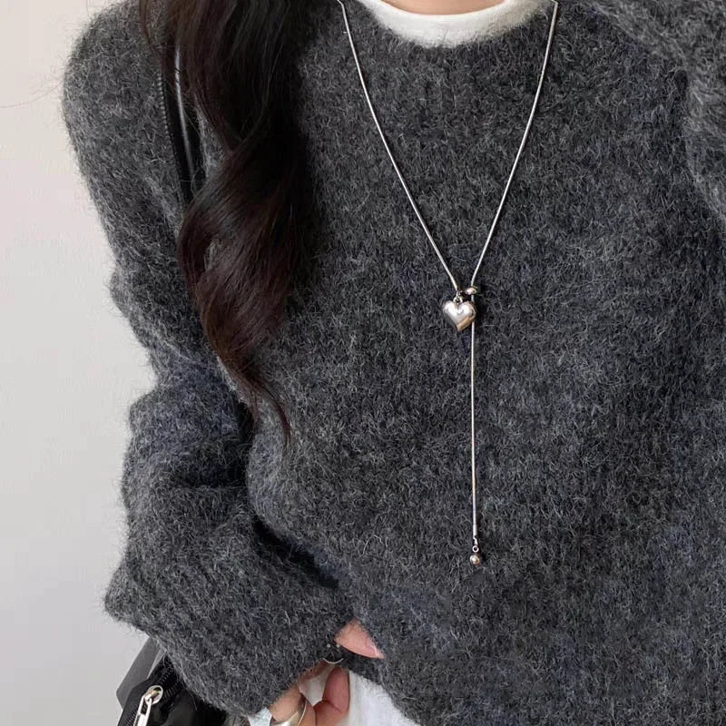 Minimalist Stainless Steel Long Necklace with Heart Pendant Adjustable Sweater Chain Luxury Neck Jewelry for Women Accessories