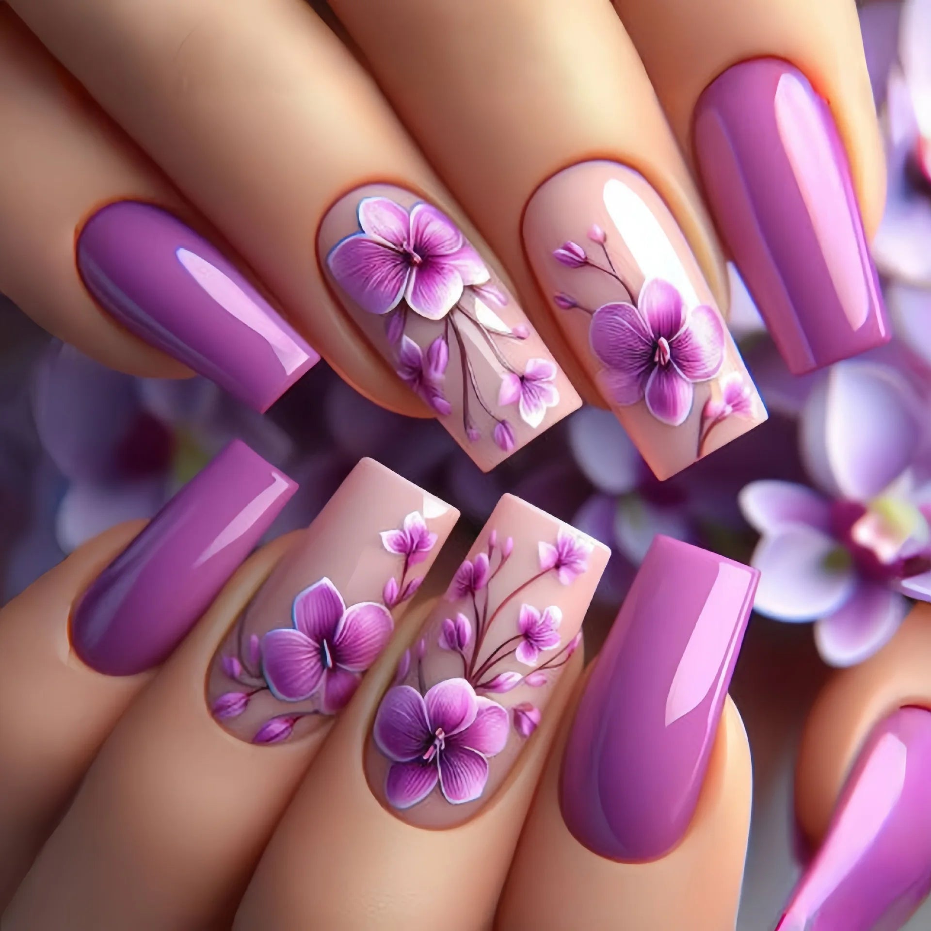 24pcs Mini Flower Press on Nails with Glue Painting Floral Acrylic Fake Nails Spring Design Short Square False Nails for Girls