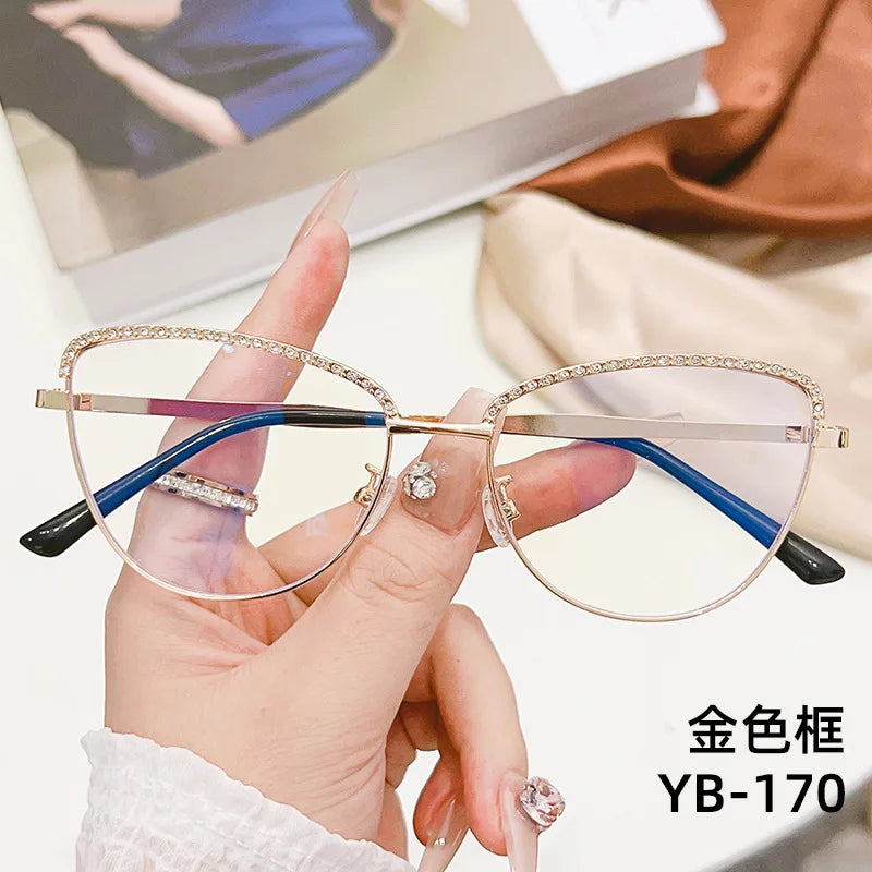 New Metal Anti Blue Light Glasses Fashionable Cat Eye Flat Lenses Large Frame Computer Eyeglasses Oculos De Grau Feminino