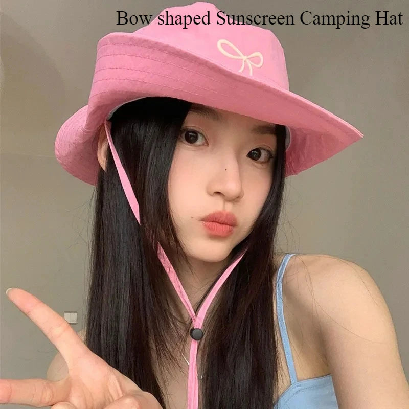 Fashion Bow Embroidery Quick Dry Bucket Hat Summer Hiking Camping Caps Wide Brim Fordable Sunscreen Y2K Hats Girl Women